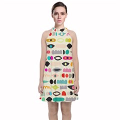 Scandinavian Folk Art Eye Spy Velvet Halter Neckline Dress 