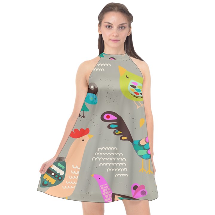 Scandinavian Birds Feather Weather Halter Neckline Chiffon Dress 