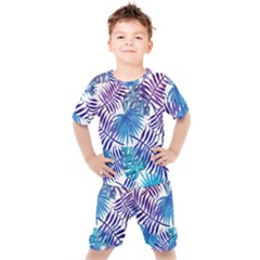 Blue Tropical Leaves Kids  Tee And Shorts Set by goljakoff