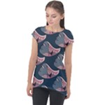 Doodle Queen Fish Pattern Cap Sleeve High Low Top