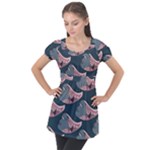 Doodle Queen Fish Pattern Puff Sleeve Tunic Top