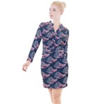 Doodle Queen Fish Pattern Button Long Sleeve Dress