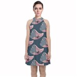 Doodle Queen Fish Pattern Velvet Halter Neckline Dress 