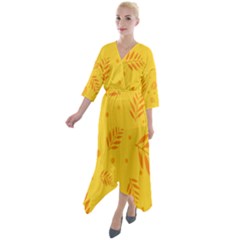 Abstract Yellow Floral Pattern Quarter Sleeve Wrap Front Maxi Dress