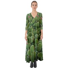 Green Cactus Button Up Boho Maxi Dress