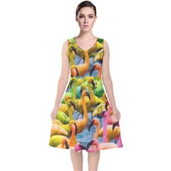 Rainbow Flamingos V-neck Midi Sleeveless Dress  by Sparkle