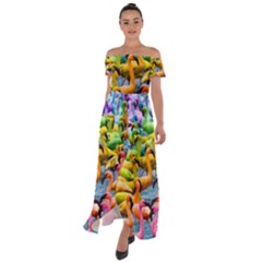 Rainbow Flamingos Off Shoulder Open Front Chiffon Dress by Sparkle