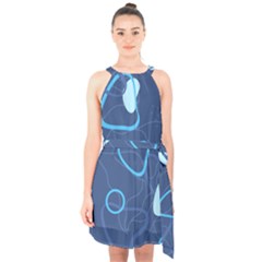 Abstract Blue Pattern Design Halter Collar Waist Tie Chiffon Dress by brightlightarts