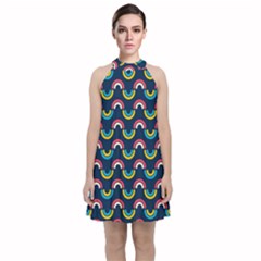 Geo Rainbow Stroke Velvet Halter Neckline Dress  by tmsartbazaar