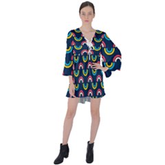 Geo Rainbow Stroke V-neck Flare Sleeve Mini Dress by tmsartbazaar