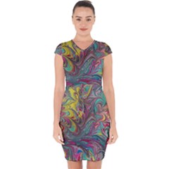 Abstract Marbling Capsleeve Drawstring Dress 