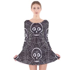 Skull And Spider Web On Dark Background Long Sleeve Velvet Skater Dress by FloraaplusDesign