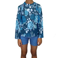 Blue Floral Print  Kids  Long Sleeve Swimwear by designsbymallika