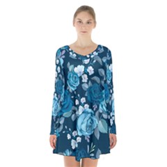 Blue Floral Print  Long Sleeve Velvet V-neck Dress by designsbymallika