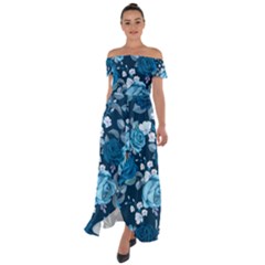Blue Floral Print  Off Shoulder Open Front Chiffon Dress by designsbymallika