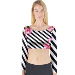 Pink Floral Stripes Long Sleeve Crop Top by designsbymallika