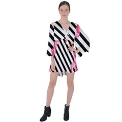 Pink Floral Stripes V-neck Flare Sleeve Mini Dress by designsbymallika