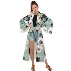Black White Floral Print Maxi Kimono by designsbymallika