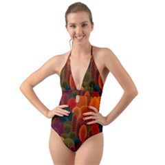 Autumn Trees Halter Cut-out One Piece Swimsuit by designsbymallika