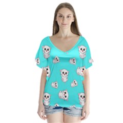 Azure Blue And Crazy Kitties Pattern, Cute Kittens, Cartoon Cats Theme V-neck Flutter Sleeve Top by Casemiro