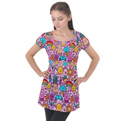 Colourful Funny Pattern Puff Sleeve Tunic Top by designsbymallika