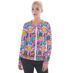 Colourful Funny Pattern Velvet Zip Up Jacket by designsbymallika