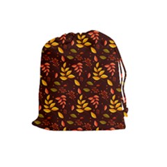 Yellow Green Orange Leaf Pattern Drawstring Pouch (large) by designsbymallika