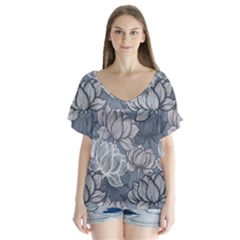 Art Deco Blue And Grey Lotus Flower Leaves Floral Japanese Hand Drawn Lily V-neck Flutter Sleeve Top by DigitalArsiart