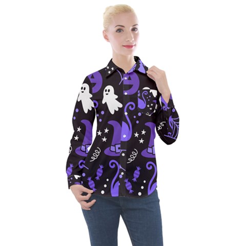 Halloween Party Seamless Repeat Pattern  Women s Long Sleeve Pocket Shirt by KentuckyClothing