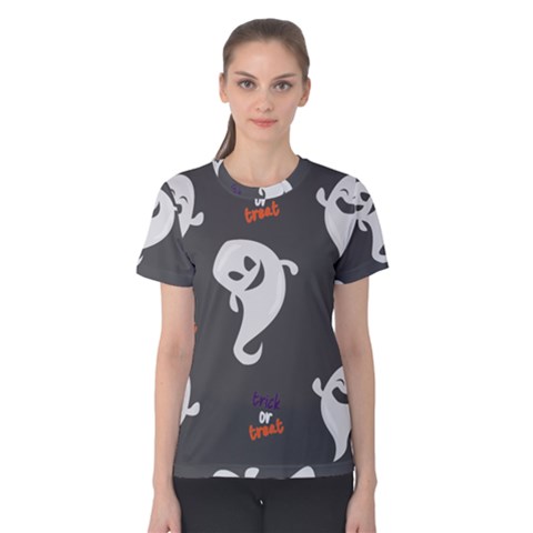 Halloween Ghost Trick Or Treat Seamless Repeat Pattern Women s Cotton Tee by KentuckyClothing