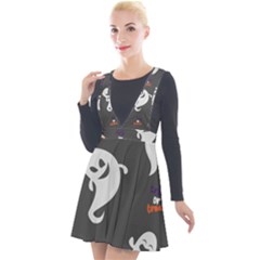 Halloween Ghost Trick Or Treat Seamless Repeat Pattern Plunge Pinafore Velour Dress by KentuckyClothing