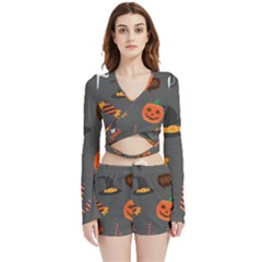 Halloween Themed Seamless Repeat Pattern Velvet Wrap Crop Top And Shorts Set by KentuckyClothing