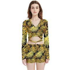 Gold Leaves Velvet Wrap Crop Top And Shorts Set by goljakoff