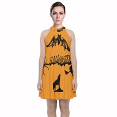 Happy Halloween Scary Funny Spooky Logo Witch On Broom Broomstick Spider Wolf Bat Black 8888 Black A Velvet Halter Neckline Dress  by HalloweenParty