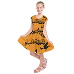 Happy Halloween Scary Funny Spooky Logo Witch On Broom Broomstick Spider Wolf Bat Black 8888 Black A Kids  Short Sleeve Dress by HalloweenParty