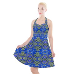 Gold And Blue Fancy Ornate Pattern Halter Party Swing Dress  by dflcprintsclothing