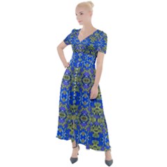 Gold And Blue Fancy Ornate Pattern Button Up Short Sleeve Maxi Dress by dflcprintsclothing