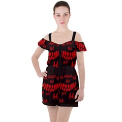 Demonic Laugh, Spooky Red Teeth Monster In Dark, Horror Theme Ruffle Cut Out Chiffon Playsuit