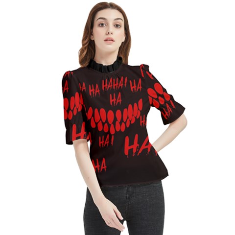 Demonic Laugh, Spooky Red Teeth Monster In Dark, Horror Theme Frill Neck Blouse by Casemiro