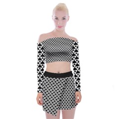 Black And White Triangles Pattern, Geometric Off Shoulder Top With Mini Skirt Set by Casemiro