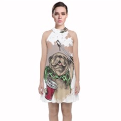 Pug Lover Coffee Velvet Halter Neckline Dress  by EvgeniaEsenina