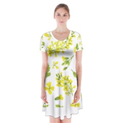 Yellow Flowers Short Sleeve V-neck Flare Dress by designsbymallika