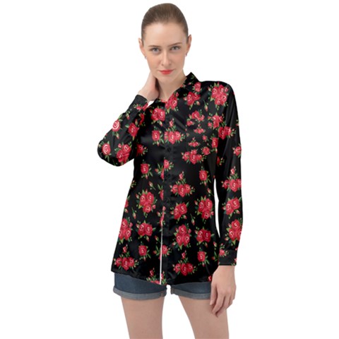 Red Roses Long Sleeve Satin Shirt by designsbymallika