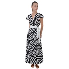 Black And White Abstract Lines, Geometric Pattern Flutter Sleeve Maxi Dress by Casemiro