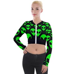 We Are Watching You! Aliens Pattern, Ufo, Faces Long Sleeve Cropped Velvet Jacket by Casemiro