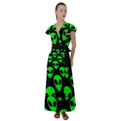 We Are Watching You! Aliens Pattern, Ufo, Faces Flutter Sleeve Maxi Dress by Casemiro