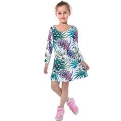 Tropical Flowers Pattern Kids  Long Sleeve Velvet Dress by goljakoff