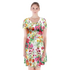 Summer Flowers Pattern Short Sleeve V-neck Flare Dress by goljakoff