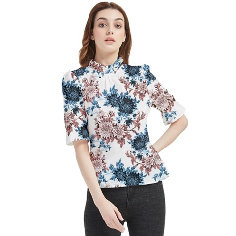 Blue And Rose Flowers Frill Neck Blouse by goljakoff