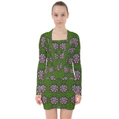 Star Over The Healthy Sacred Nature Ornate And Green V-neck Bodycon Long Sleeve Dress by pepitasart